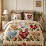 H.PAI Vintage Heart Floral Quilted 3-Piece Bedding Set