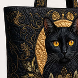 H.PAI Women's Quilted Tote Bag - Regal Black Cat & Baroque Gold Ornament Luxury Elegant Shoulder Handbag