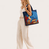 H.PAI Women's Quilted Tote Bag - Navy Blue Dragon & Vintage Book Top-Handle Shoulder Bag