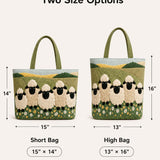 H.PAI Women's Quilted Tote Bag - Green Meadow Sheep & Daisy Embroidered Shoulder Bag