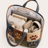 H.PAI Women's Quilted Tote Bag - Dog Paw Patchwork Rustic Boho Denim Everyday Shoulder Handbag