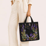H.PAI Women's Quilted Tote Bag - Black Cat & Lavender Floral Aesthetic Cottagecore Shoulder Handbag