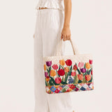 H.PAI Women's Quilted Tote Bag - Vibrant Spring Tulip Floral Garden Cream Cottagecore Shoulder Handbag
