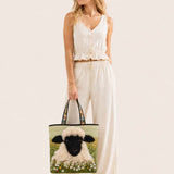 H.PAI Women's Quilted Tote Bag - Sage Green Fluffy Blackface Sheep Top-Handle Shoulder Bag
