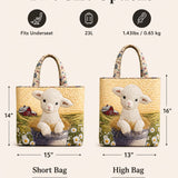 H.PAI Women's Quilted Tote Bag - Farm House Lamb & Daisy Patchwork Top-Handle Shoulder Bag