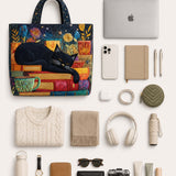 H.PAI Women's Quilted Tote Bag - Black Cat Sleeping on Books Starry Floral Travel Shoulder Bag
