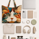 H.PAI Women's Quilted Tote Bag - Artistic Calico Cat Face Shaped Patchwork Shoulder Handbag