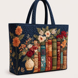 H.PAI Women's Quilted Tote Bag - Navy Blue Vintage Books & Floral Top-Handle Travel Carry-On Bag