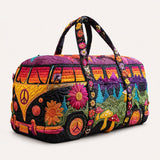 H.PAI Women's Quilted Duffle Bag - Retro 70s Hippie Van, Sunset Mountain & Mushroom Travel Overnight Bag