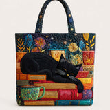 H.PAI Women's Quilted Tote Bag - Black Cat Sleeping on Books Starry Floral Travel Shoulder Bag