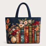 H.PAI Women's Quilted Tote Bag - Navy Blue Vintage Books & Floral Top-Handle Travel Carry-On Bag