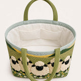 H.PAI Women's Quilted Tote Bag - Green Meadow Sheep & Daisy Embroidered Shoulder Bag