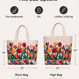 H.PAI Women's Quilted Tote Bag - Vibrant Spring Tulip Floral Garden Cream Cottagecore Shoulder Handbag