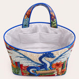 H.PAI Women's Quilted Tote Bag - Blue Dragon & Books Print Floral Top-Handle Travel Carry-On Bag