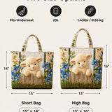 H.PAI Women's Quilted Tote Bag - Blue Floral Lamb Fence Embroidered Top-Handle Shoulder Bag