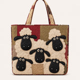 H.PAI Women's Quilted Tote Bag - Vintage Burgundy Sheep Flock Patchwork Top-Handle Shoulder Bag