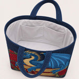 H.PAI Women's Quilted Tote Bag - Navy Blue Dragon & Vintage Book Top-Handle Shoulder Bag