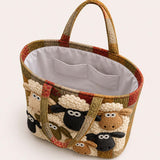 H.PAI Women's Quilted Tote Bag - Cute 3D Sheep Applique Cartoon Patchwork Everyday Shoulder Handbag