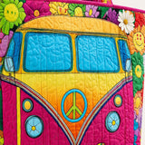 H.PAI Women's Quilted Tote Bag - Retro 70s Hippie Camper Van & Smiley Sunflower Groovy Everyday Shoulder Handbag