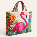 H.PAI Women's Quilted Tote Bag - Elegant Hummingbird & Peony Floral Plum Purple Luxury Shoulder Handbag