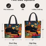 H.PAI Women's Quilted Tote Bag - Black Cat Sleeping on Books Starry Floral Travel Shoulder Bag