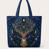 H.PAI Celestial Stag Moon And Stars Floral Quilted Tote Bag