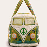 H.PAI Women's Quilted Duffle Bag - Retro 70s Hippie Van & Sunflower Travel Overnight Bag