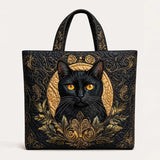 H.PAI Women's Quilted Tote Bag - Regal Black Cat & Baroque Gold Ornament Luxury Elegant Shoulder Handbag