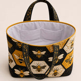 H.PAI Women's Quilted Tote Bag - Honeybee & Hexagon Geometric Embroidered Top-Handle Shoulder Bag