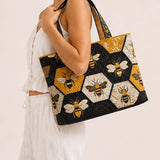 H.PAI Women's Quilted Tote Bag - Honeybee & Hexagon Geometric Embroidered Top-Handle Shoulder Bag