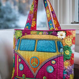 H.PAI Women's Quilted Tote Bag - Retro 70s Hippie Camper Van & Smiley Sunflower Groovy Everyday Shoulder Handbag