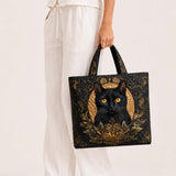 H.PAI Women's Quilted Tote Bag - Regal Black Cat & Baroque Gold Ornament Luxury Elegant Shoulder Handbag