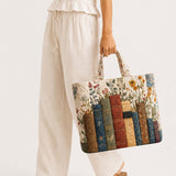 H.PAI Women's Quilted Book Tote Bag - Vintage Library & Wildflower Floral Large Everyday Shoulder Handbag