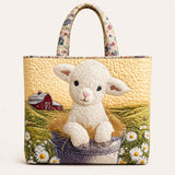 H.PAI Women's Quilted Tote Bag - Farm House Lamb & Daisy Patchwork Top-Handle Shoulder Bag