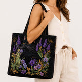 H.PAI Women's Quilted Tote Bag - Black Cat & Lavender Floral Aesthetic Cottagecore Shoulder Handbag
