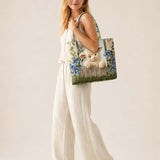 H.PAI Women's Quilted Tote Bag - Blue Floral Lamb Fence Embroidered Top-Handle Shoulder Bag