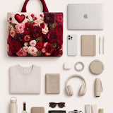 H.PAI Women's Quilted Tote Bag - Romantic 3D Rose Floral Applique & Heart Velvet Luxury Elegant Handbag