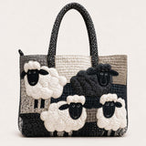 H.PAI Women's Quilted Tote Bag - Black & White Sheep Patchwork Top-Handle Shoulder Bag