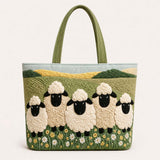 H.PAI Women's Quilted Tote Bag - Green Meadow Sheep & Daisy Embroidered Shoulder Bag
