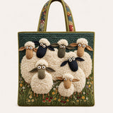 H.PAI Women's Quilted Tote Bag - Dark Green Meadow Fluffy Sheep Top-Handle Shoulder Bag