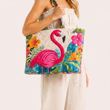 H.PAI Women's Quilted Tote Bag - Elegant Hummingbird & Peony Floral Plum Purple Luxury Shoulder Handbag