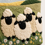 H.PAI Women's Quilted Tote Bag - Green Meadow Sheep & Daisy Embroidered Shoulder Bag