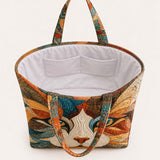 H.PAI Women's Quilted Tote Bag - Artistic Calico Cat Face Shaped Patchwork Shoulder Handbag