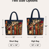 H.PAI Women's Quilted Tote Bag - Navy Blue Vintage Books & Floral Top-Handle Travel Carry-On Bag