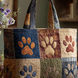 H.PAI Women's Quilted Tote Bag - Dog Paw Patchwork Rustic Boho Denim Everyday Shoulder Handbag