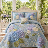 H.PAI Blue Hydrangea Floral Quilted 3-Piece Bedding Set