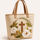 Christian Cross & Magnolia Floral Quilted Tote Bag