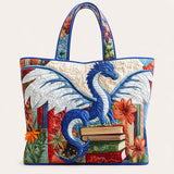 H.PAI Women's Quilted Tote Bag - Blue Dragon & Books Print Floral Top-Handle Travel Carry-On Bag