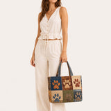 H.PAI Women's Quilted Tote Bag - Dog Paw Patchwork Rustic Boho Denim Everyday Shoulder Handbag
