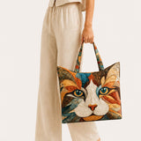 H.PAI Women's Quilted Tote Bag - Artistic Calico Cat Face Shaped Patchwork Shoulder Handbag